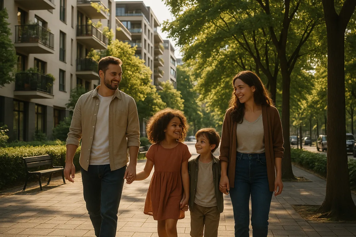 Modern coastal residence facade with landscaped courtyard and warm evening lighting