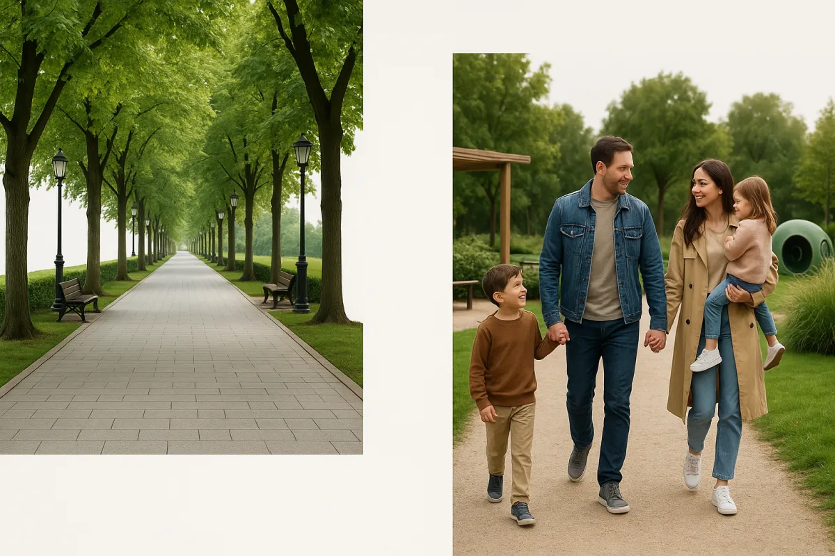 Tree-lined promenade in a modern green community
