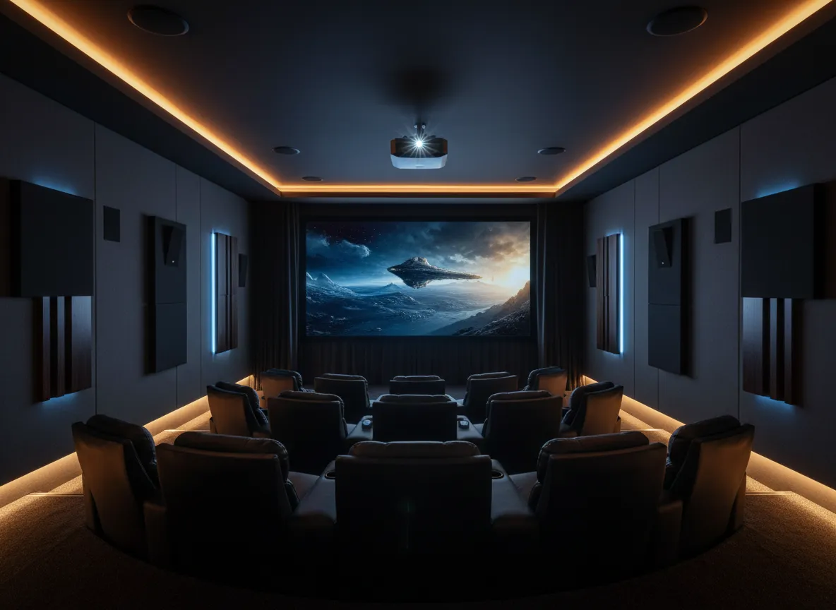 Dedicated home cinema room with projector, screen, and LED accent lighting