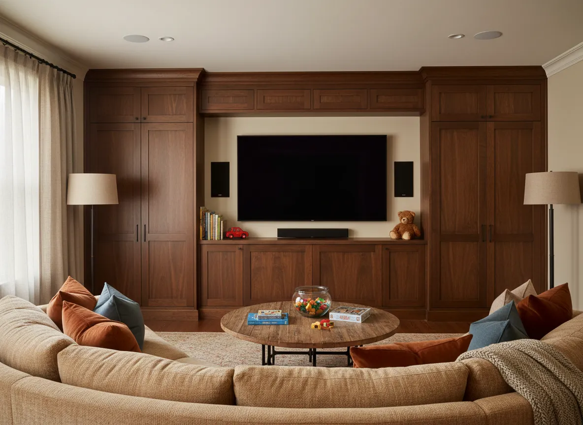 Family media room with surround speakers and hidden equipment rack