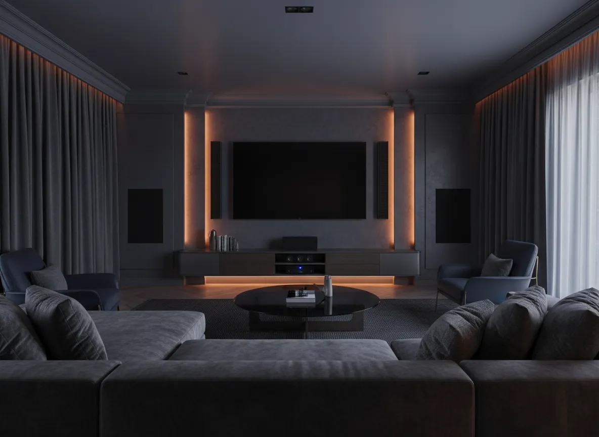 Modern living room home theater installation with wall-mounted TV and in-wall speakers