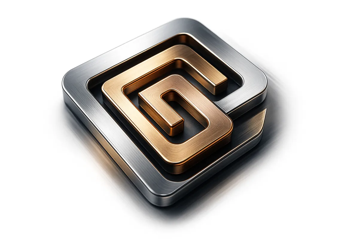 Animated metallic monogram with reflections and motion blur hints.