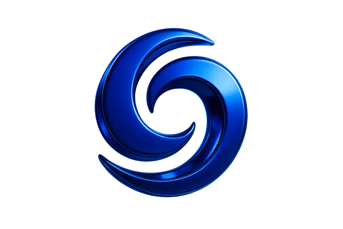 3D metallic swirl logo emblem with neon rim lighting on transparent background