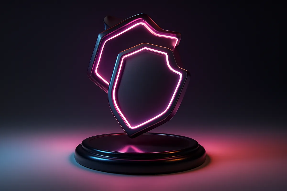 3D product mark neon-framed badge reveal over glossy base, cinematic studio lighting.