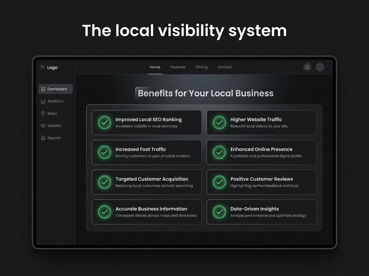 Dark user interface mockup titled 'The local visibility system' showing a list of benefits with green checkmarks.