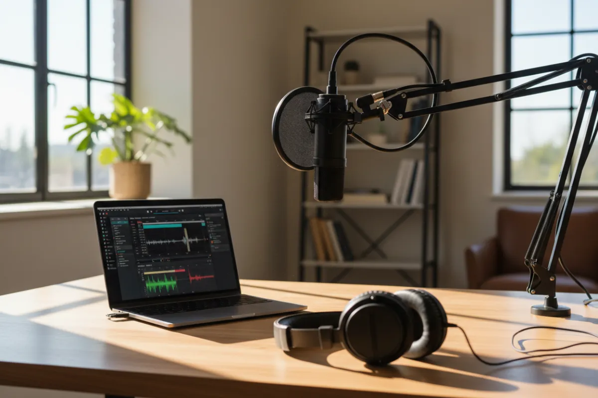 A podcast microphone and headphones rest on a sleek desk, with a laptop displaying audio editing software. Sunlight streams through a window, suggesting a creative, inviting recording space.