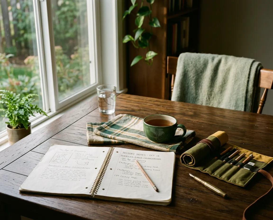 Calm morning homeschool study session at a wooden dining table with notebook and tea