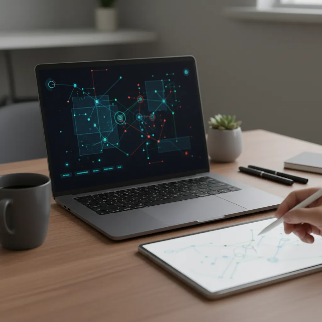 A close-up of a laptop displaying a cyber security dashboard, with a hand taking notes beside it. The workspace is organized, with a coffee mug and digital pad, suggesting a focused remote learning environment. 1:1 aspect ratio.