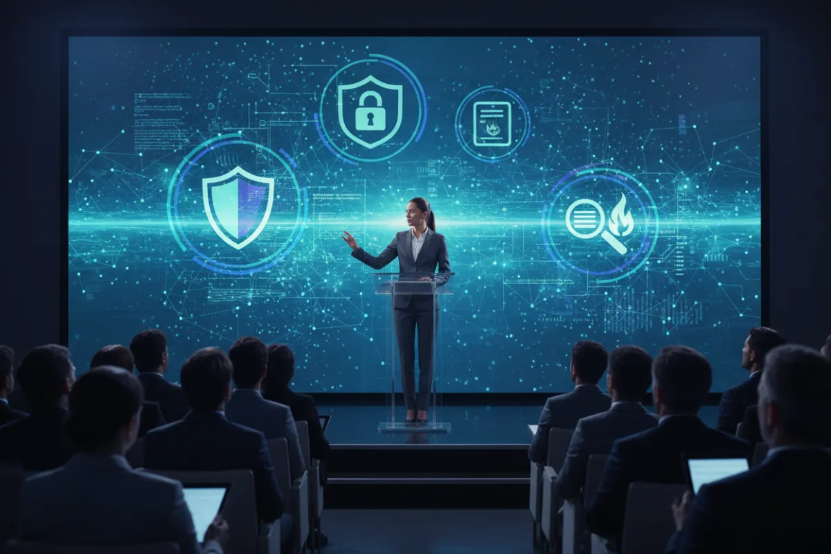A paused video frame showing a cyber security expert presenting to an audience of professionals, with digital overlays of security icons and code. The scene is dynamic, modern, and visually engaging. 3:2 aspect ratio.