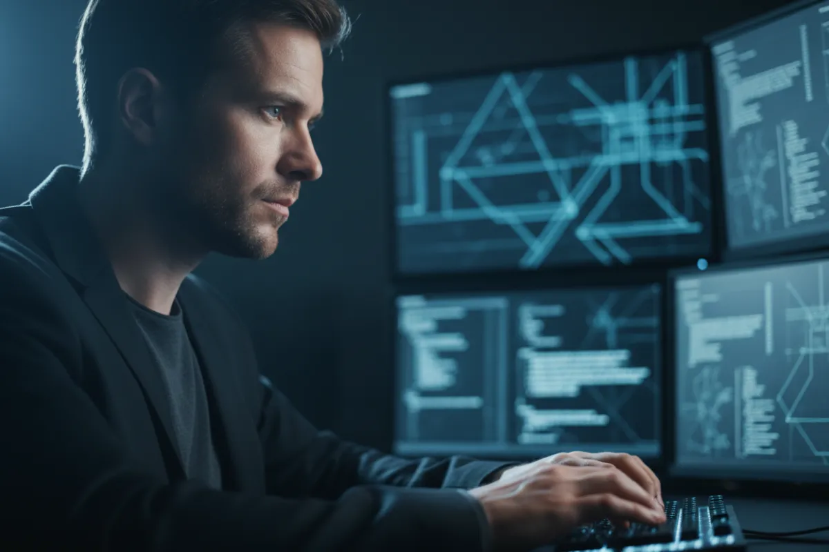 Photorealistic portrait of a male cybersecurity expert facing the camera with his face visible, seated in front of multiple screens and typing on a keyboard, showing focused expression and workstation details