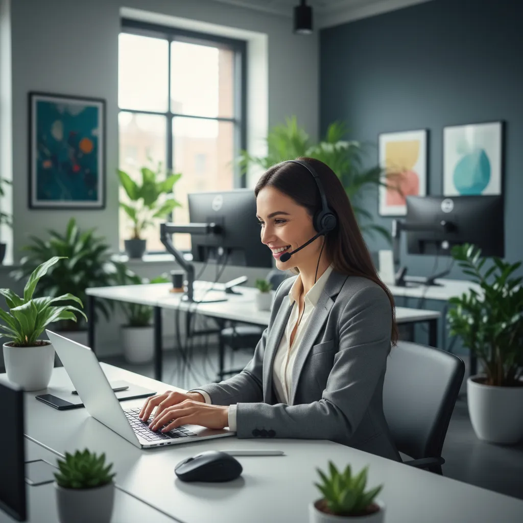 A professional woman in business attire, sitting at a desk with a headset, smiling as she types on a laptop. The background shows a bright, modern office with plants and tech devices. 1:1 aspect ratio.