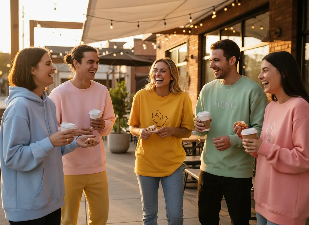 Friends wearing Messengers of Truth Christian apparel laughing together outdoors