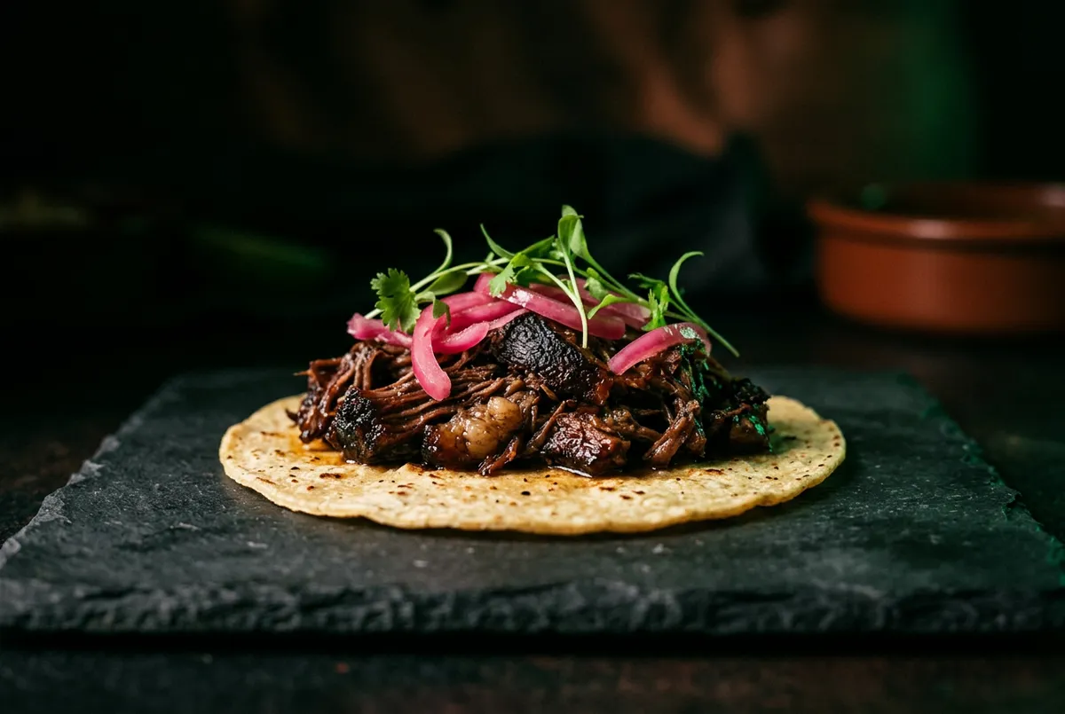 Slow-Braised Barbacoa taco dripping with rich savory consommé