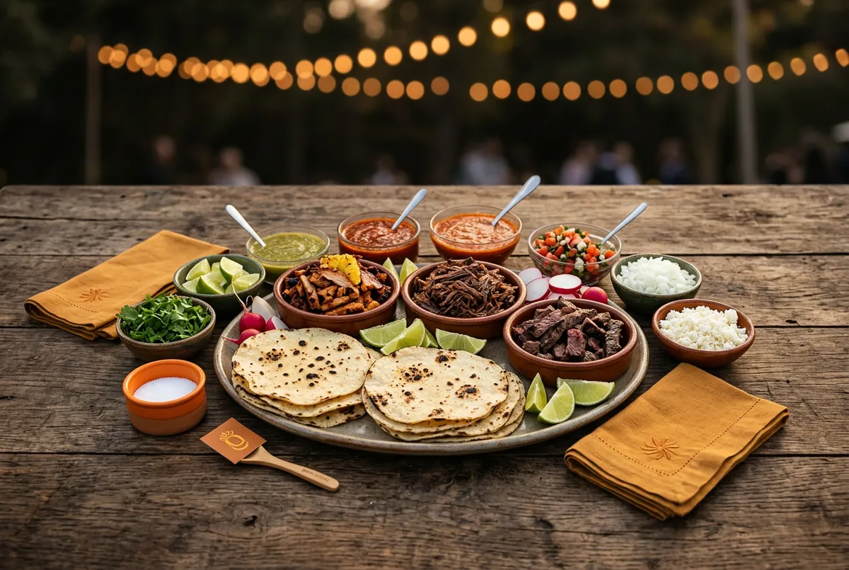 Luxurious catered Mexican taco spread with fresh lime, grilled meats, and artisanal salsas