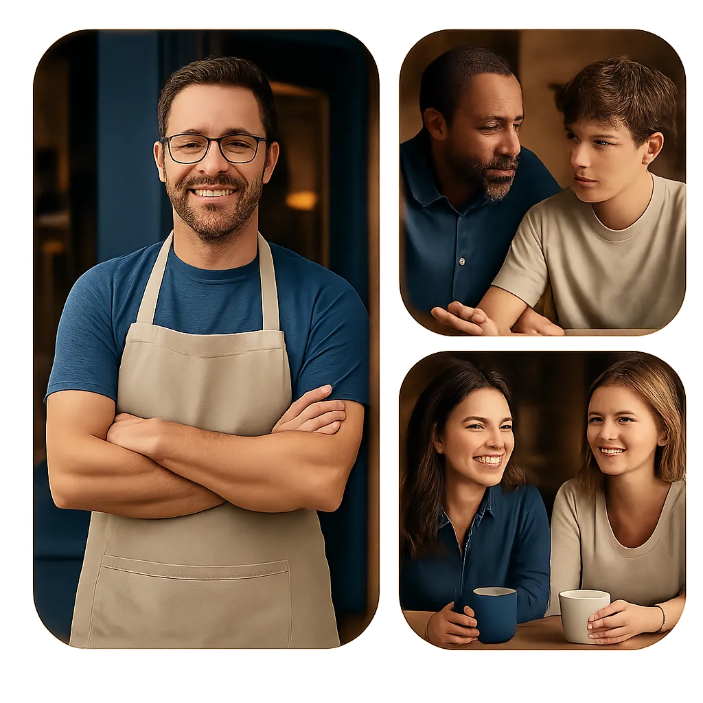 A warm three-panel composite showcasing a welcoming pastor speaking with church members, a local boutique owner chatting with customers, and a friendly mentor reviewing ideas with a young creator