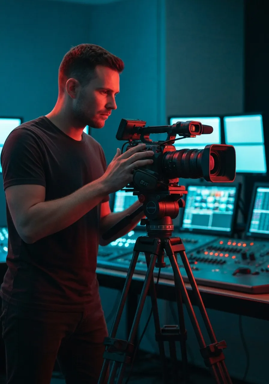 Behind the scenes camera operator in a broadcast control room