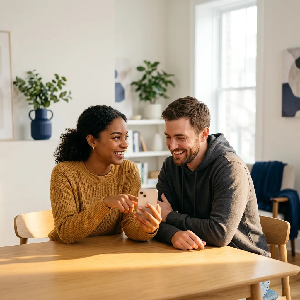 Two friends smiling and casually sharing a smartphone screen over coffee