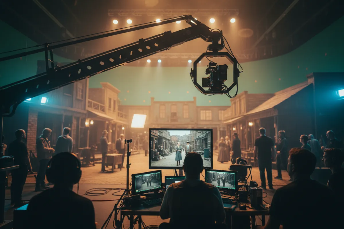 Behind-the-scenes video production with camera crane, monitor, and cinematic on-set action