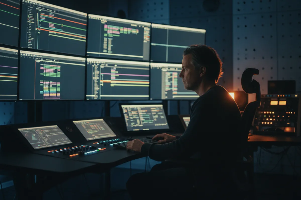 Cinematic studio control room with director reviewing video timelines on monitors.