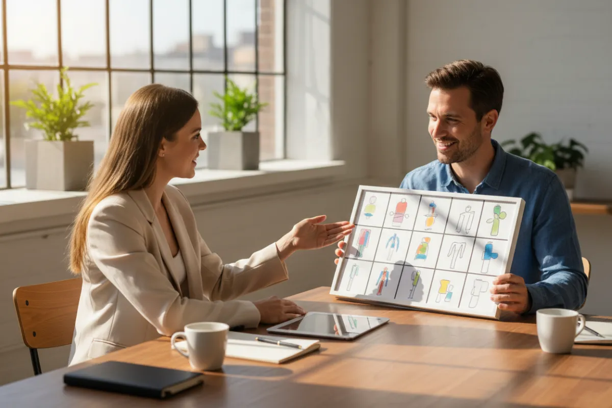 Media consultant presenting a storyboard to a small business owner in a bright studio, conveying partnership and strategy.