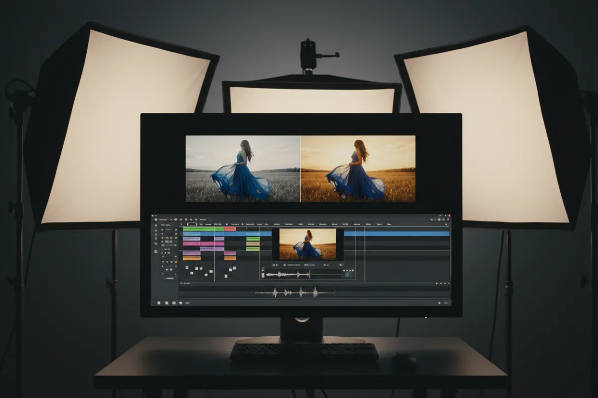 Branded TV spot edit with timeline and studio lighting emphasizing broadcast experience