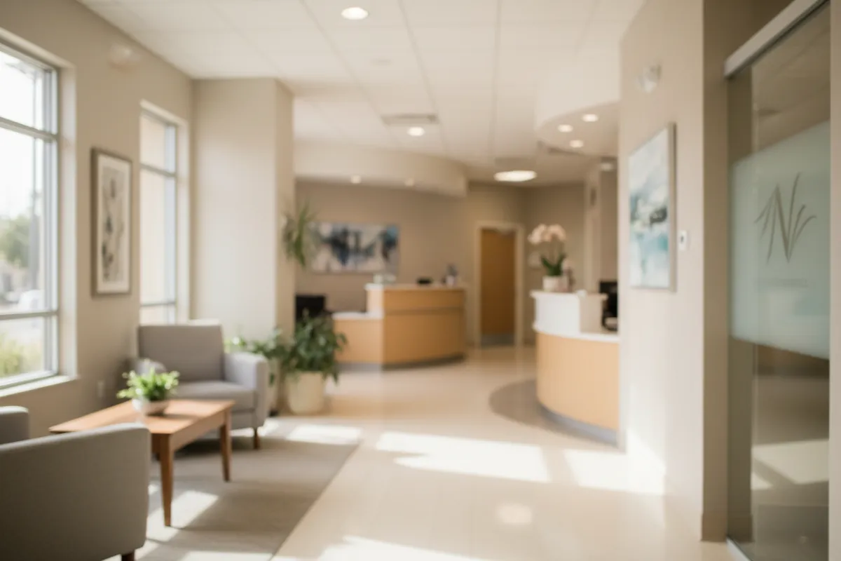Warm, inviting clinic corridor with a neutral-toned reception area and Nesseth Chiropractic sign.