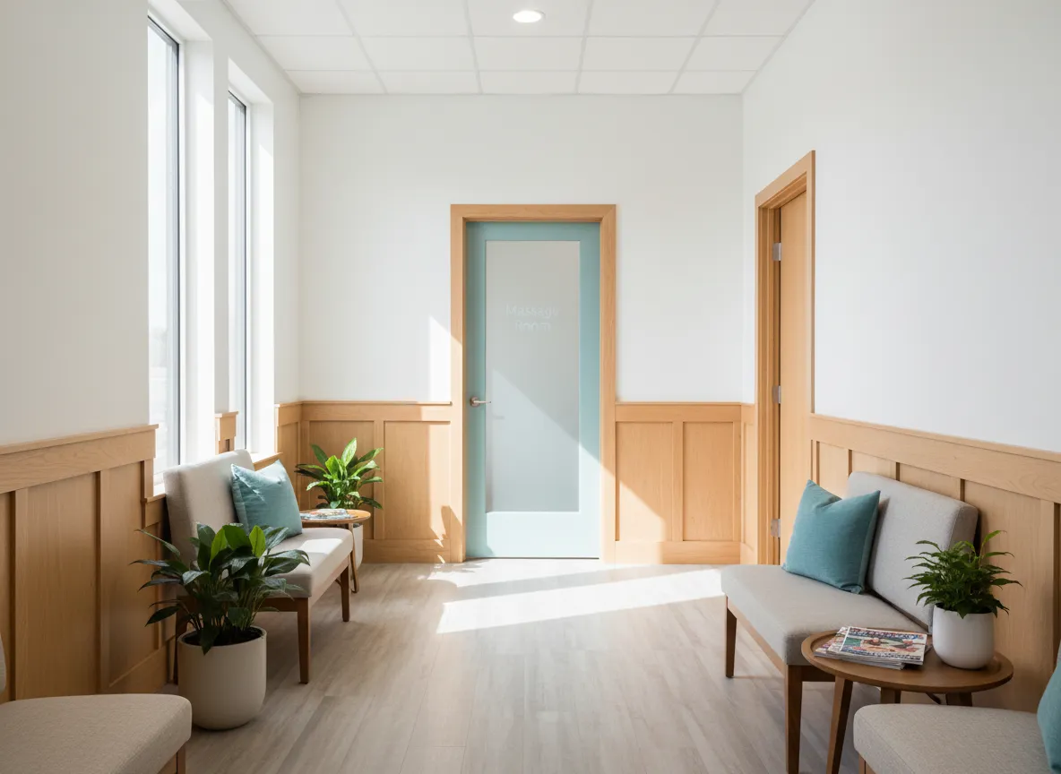 Warm, welcoming hallway leading to the Moore Massage suite inside Nesseth Chiropractic