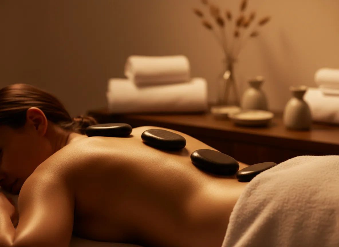 Calming hot stone massage scene with smooth dark basalt stones placed along a client’s back under warm amber lighting at Moore Massage.