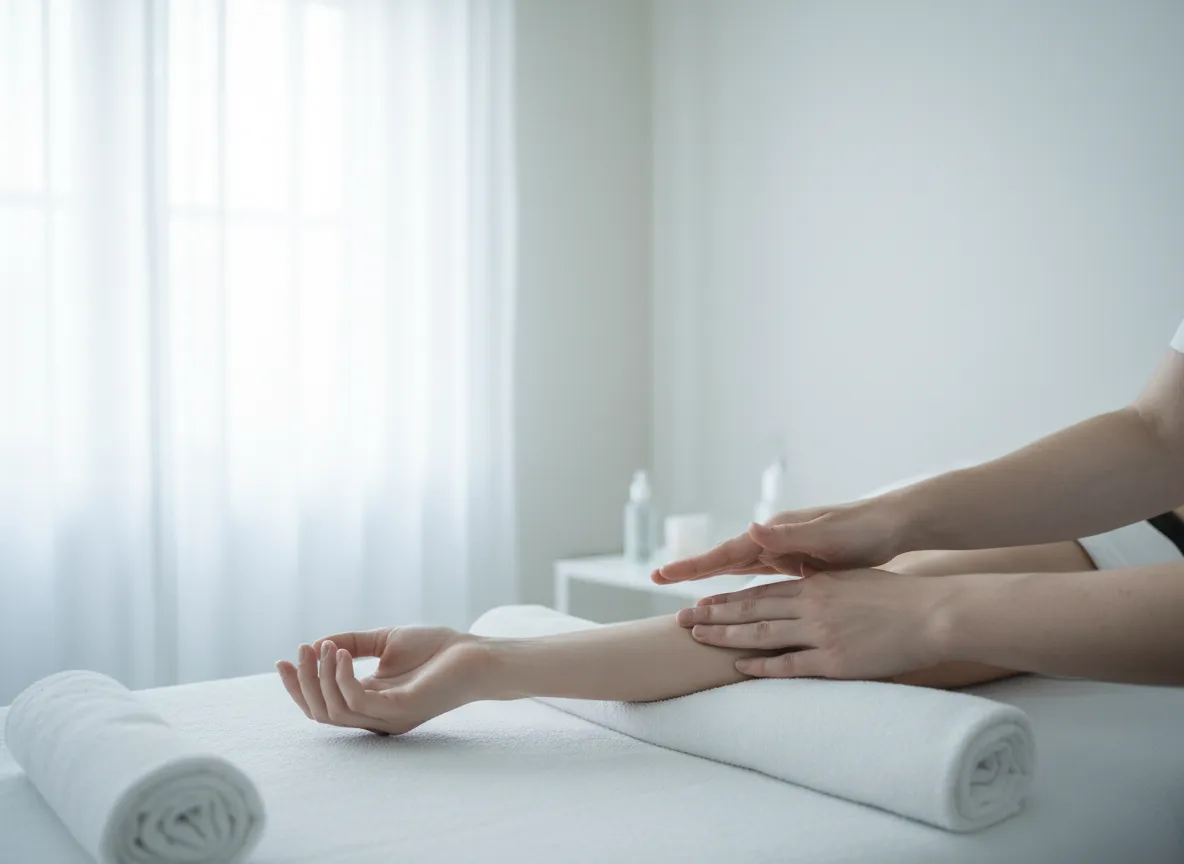 Clean, airy clinical room showing a therapist using gentle, rhythmic manual techniques for lymphatic drainage massage at Moore Massage.