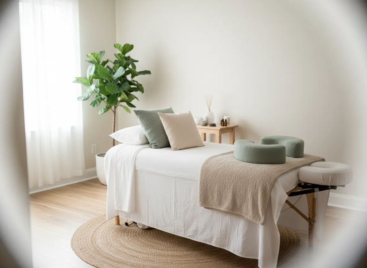 Serene prenatal massage setup with soft white linens and supportive body pillows prepared for a pregnant client at Moore Massage in Cokato, MN.