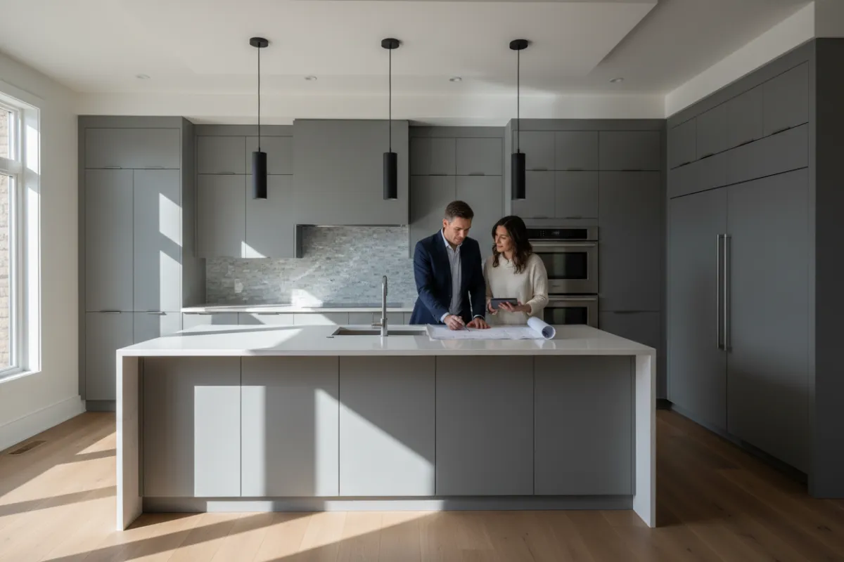 A newly remodeled kitchen in Cincinnati featuring quartz countertops, a large island with pendant lighting, and sleek cabinetry. A designer and homeowner review plans together, highlighting collaboration and attention to detail.