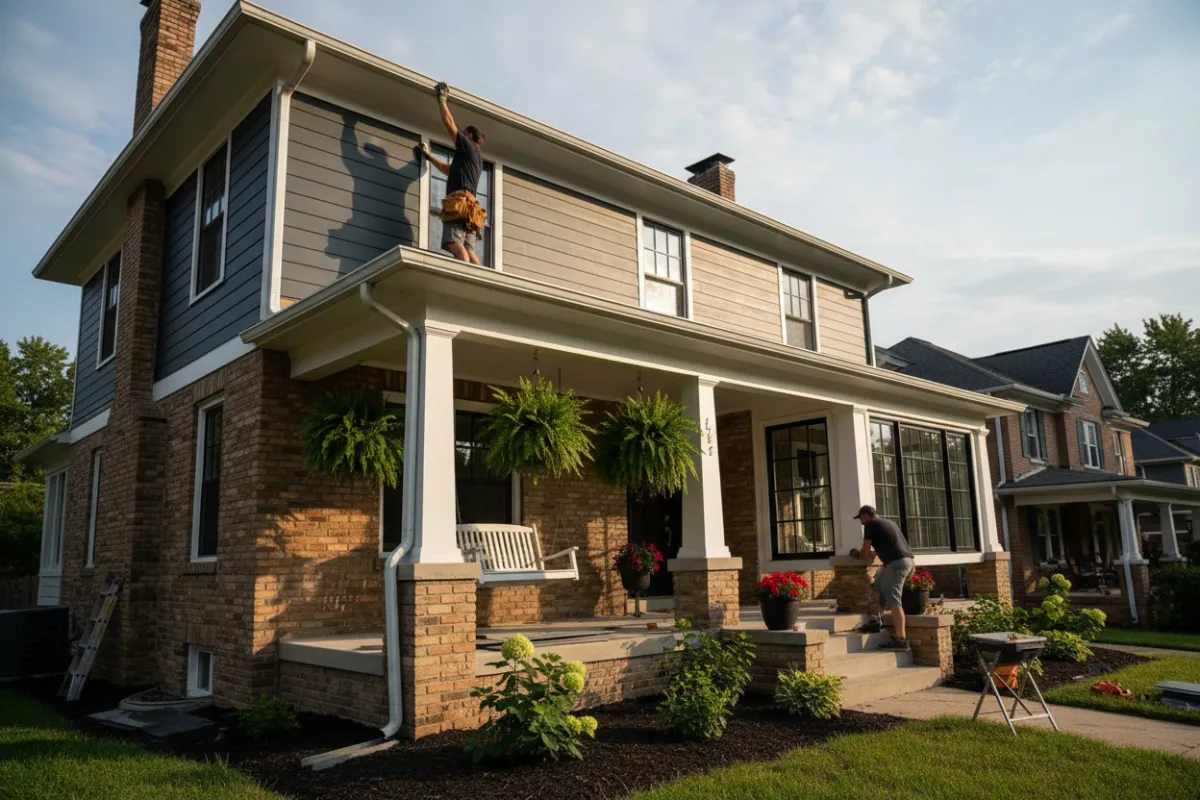 A craftsman installs new siding on a classic Cincinnati home, while another worker fits a modern, energy-efficient window. The house features fresh landscaping and a welcoming front porch.