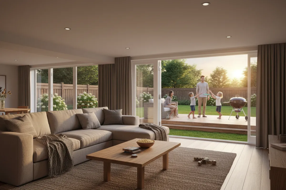 A finished basement with a cozy lounge area, recessed lighting, and a walkout to a new wooden deck. The deck overlooks a green backyard, with a family enjoying a summer evening together.