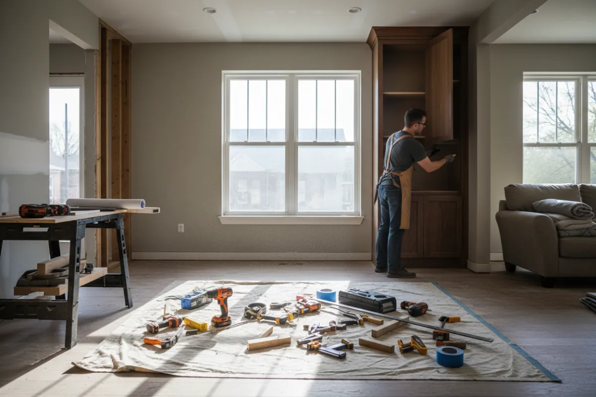 A modern Cincinnati living room mid-renovation, with a craftsman installing custom cabinetry, natural light streaming through new windows, and high-end tools neatly arranged. The scene conveys expertise, care, and a welcoming home environment.