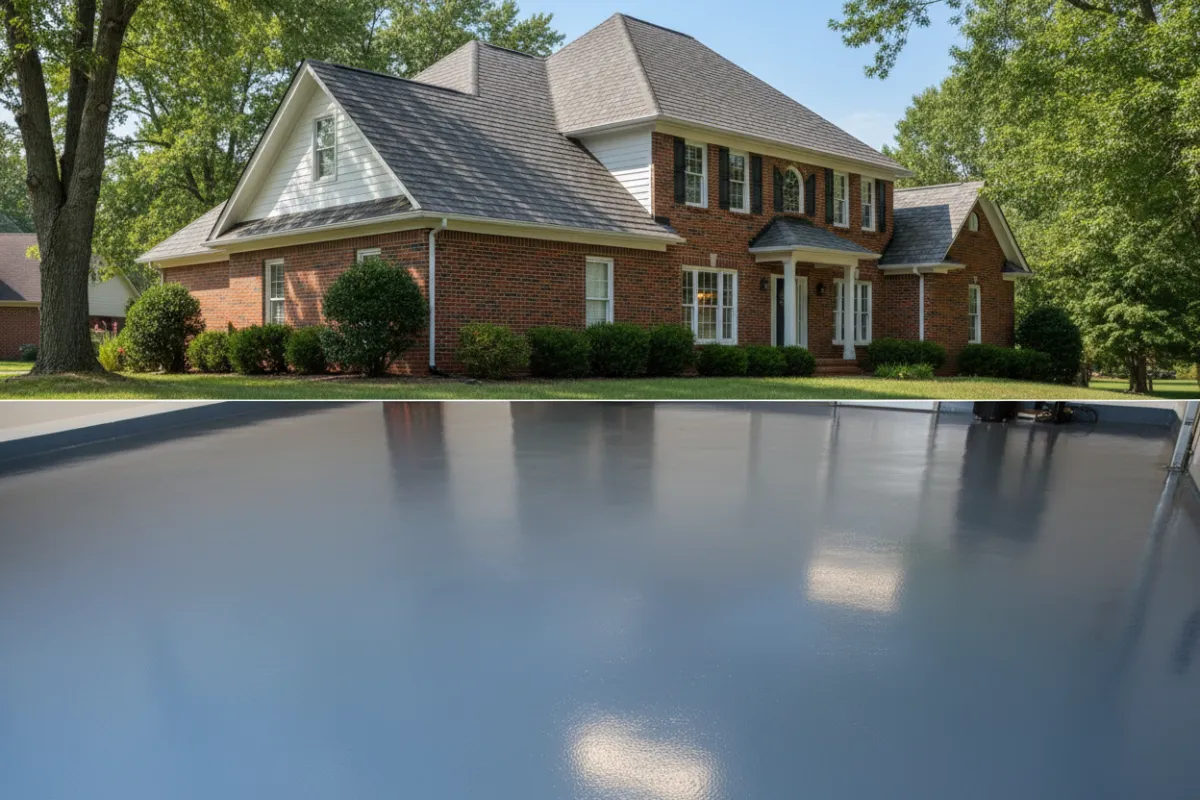 A Cincinnati home with a new architectural shingle roof, and a separate view of a garage floor with a glossy, blue-gray epoxy finish. Both areas are clean, bright, and showcase quality workmanship.