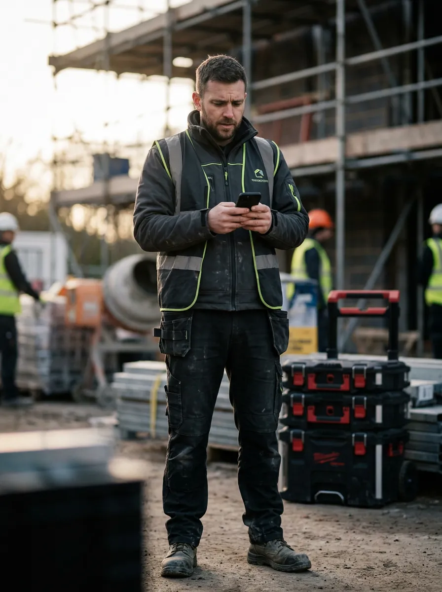 Professional tradesperson checking phone on an active construction site