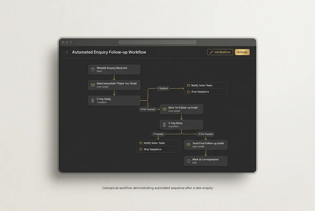 Automated email and enquiry follow-up workflow diagram concept