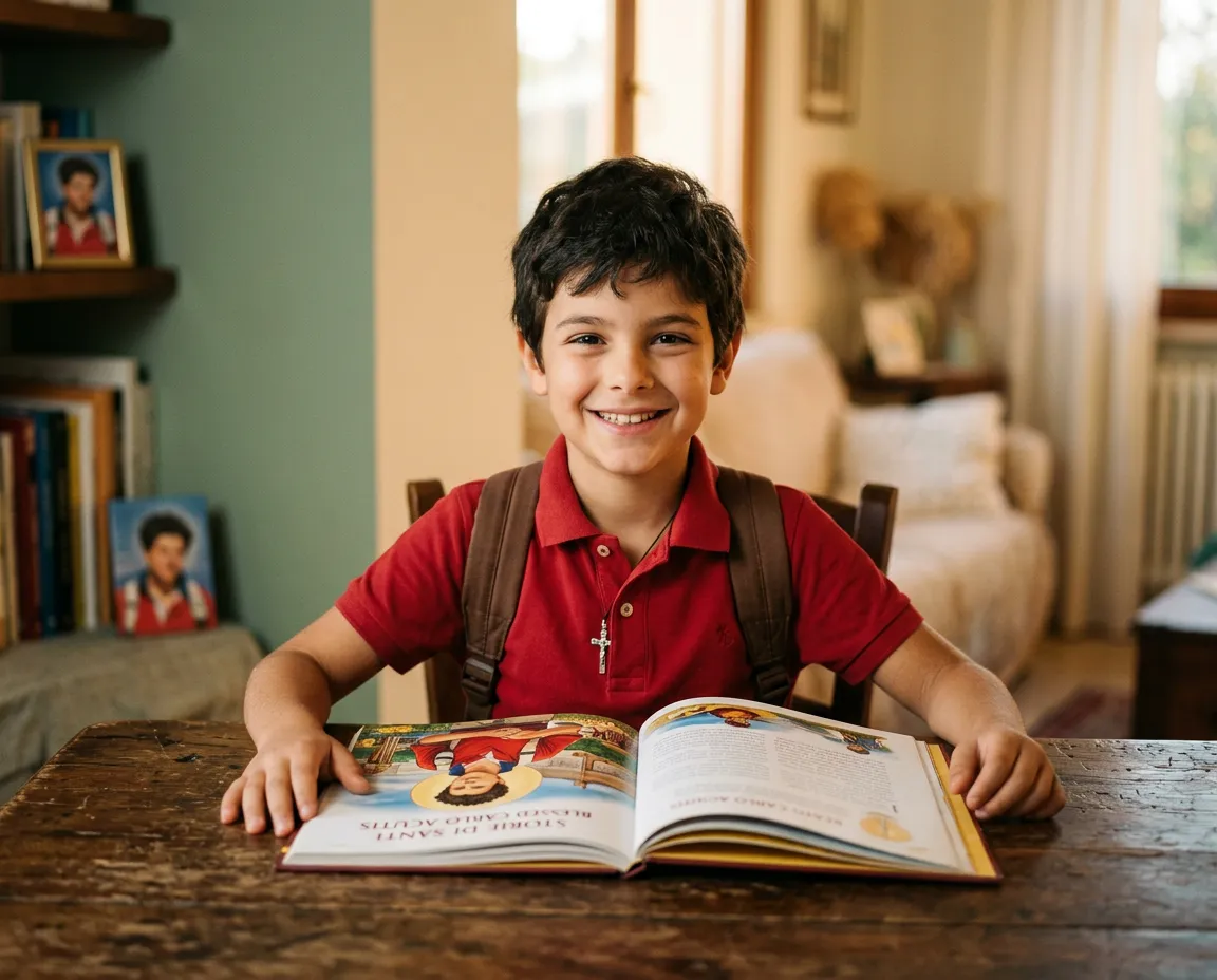 Young boy in a neat red polo shirt and backpack representing Blessed Carlo Acutis smiling outdoors