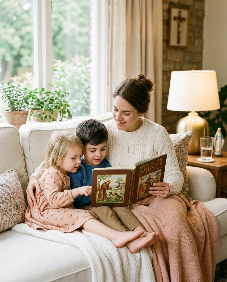 Catholic mother reading an illustrated saints storybook to her children in a warm, peaceful living room