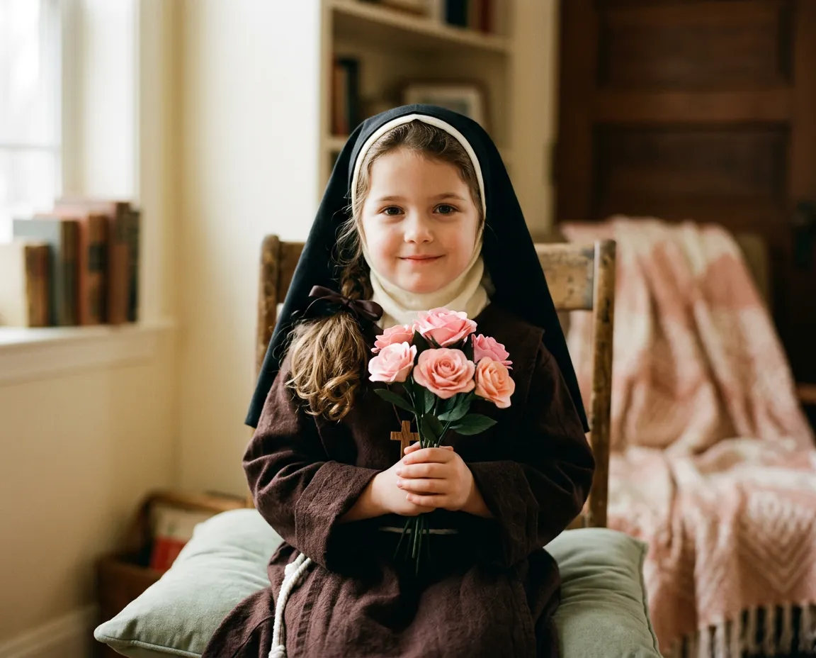 Young girl wearing a simple tasteful handmade St. Thérèse costume holding delicate paper roses