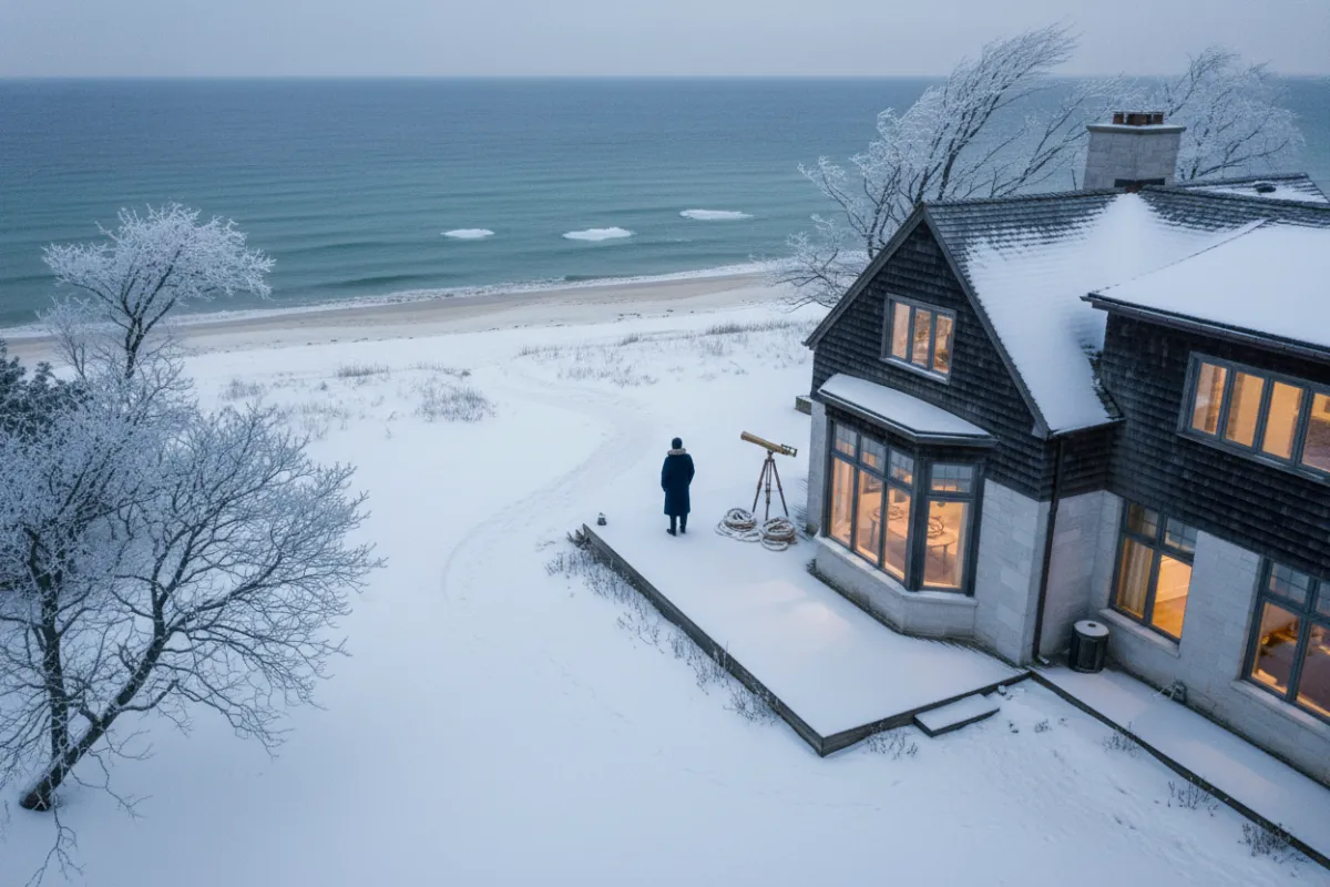 Aerial view of a private, snow-dusted beachfront estate with a single figure in a navy coat gazing at the ocean, nautical decor visible through frosted windows, evoking exclusivity and winter serenity.