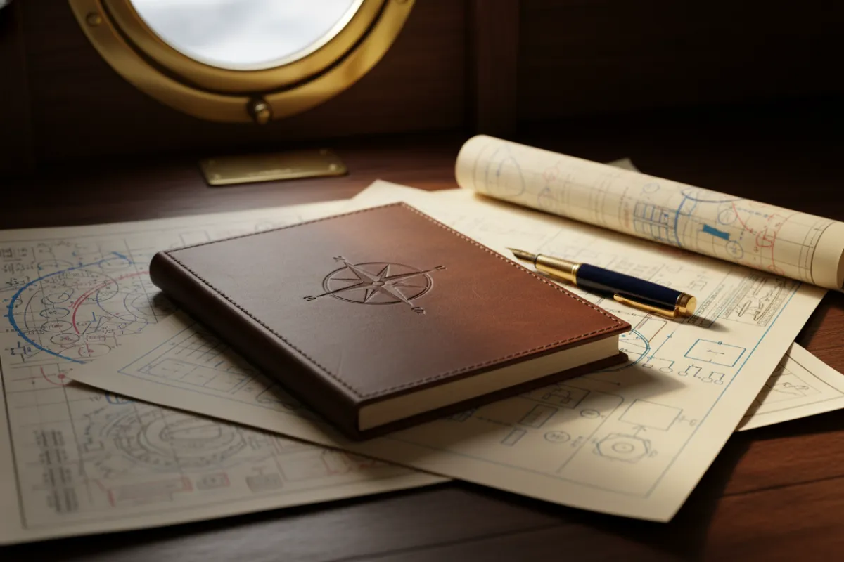 A close-up of a bespoke, leather-bound strategy document open on a nautical desk, with annotated charts and a fountain pen, soft winter light streaming through a porthole, symbolizing clarity and exclusivity.