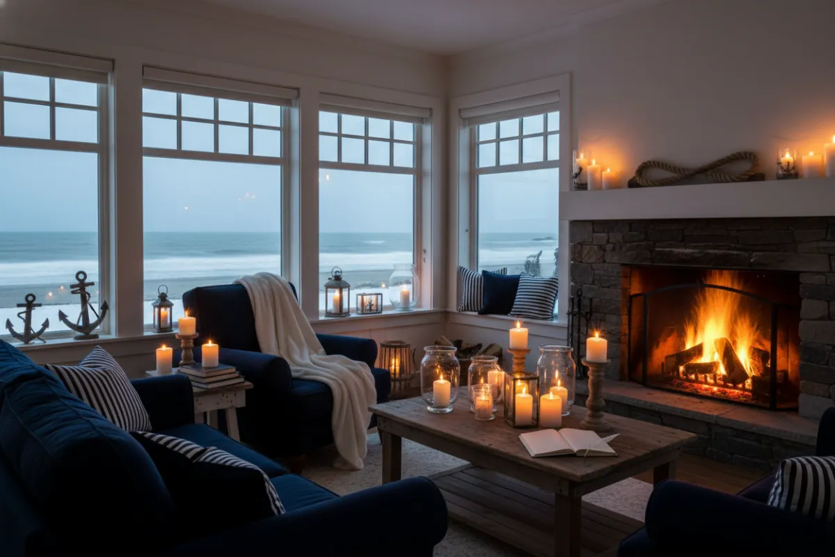 A cozy, candlelit lounge with navy and white nautical decor, large windows framing a snowy beach, a crackling fireplace, and a single armchair with a cashmere throw, inviting reflection and inspiration.