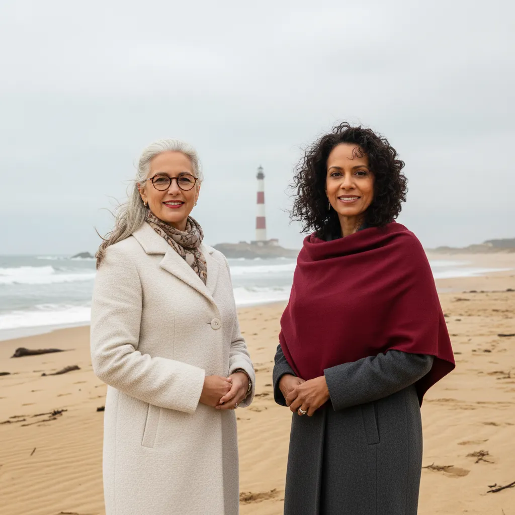 Two accomplished women, one with silver hair and glasses, the other with dark curls, both in elegant winter attire, standing confidently on a windswept beach with a lighthouse in the distance, exuding warmth and authority.