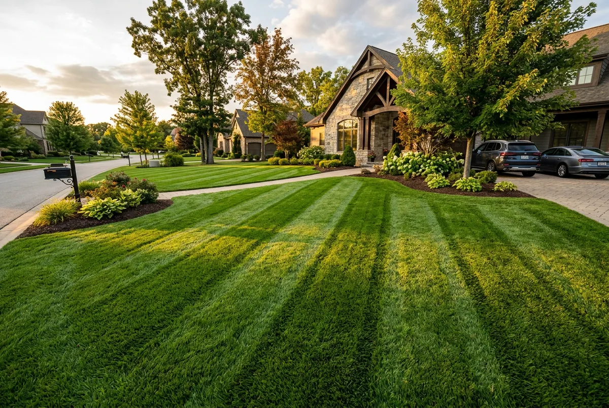 Dense luxury turf striping pattern on suburban front yard