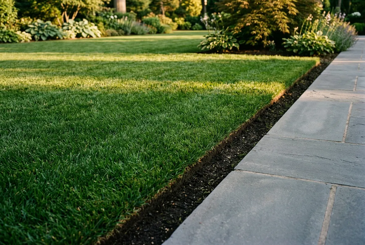 Razor-sharp manicured lawn edging along walkway