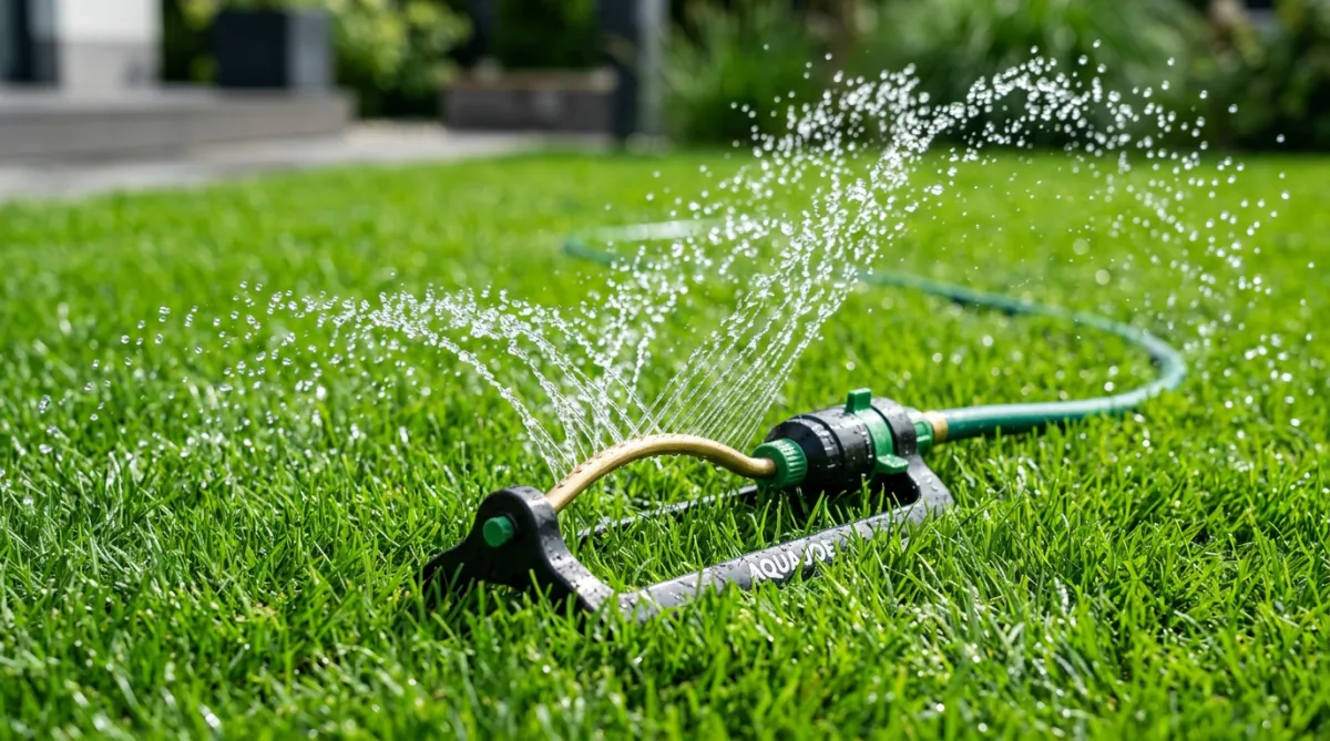 Close-up of a lawn sprinkler watering green grass
