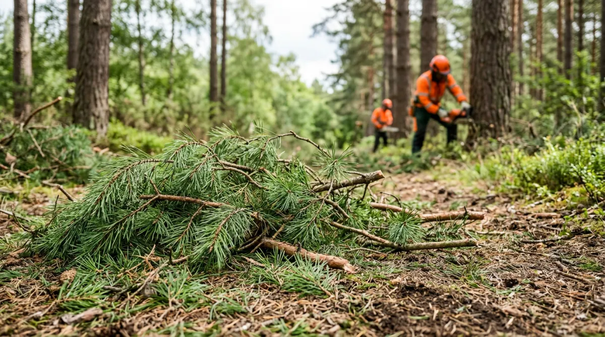 Pine needles and branches on the ground, indicating tree trimming or removal work