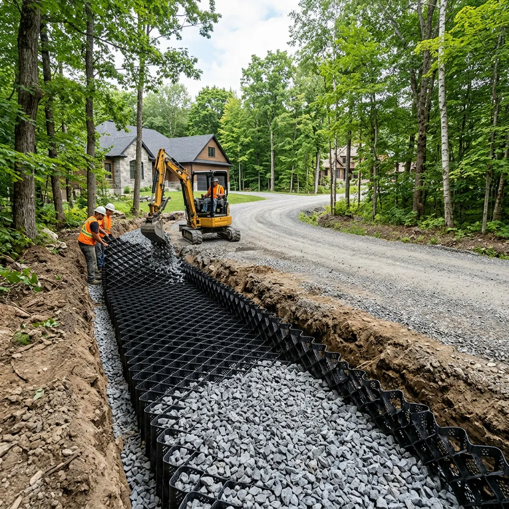 A drainage trench being constructed in a wooded residential area, lined with a plastic grid structure and filled with rocks