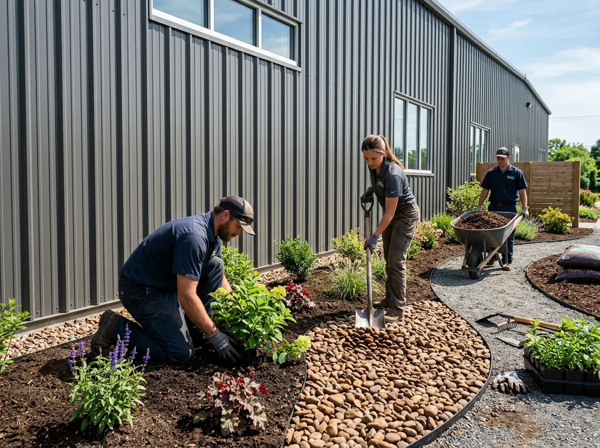 Landscaping workers installing a new garden bed with brown river rocks, mulch, and fresh plants next to a corrugated metal building